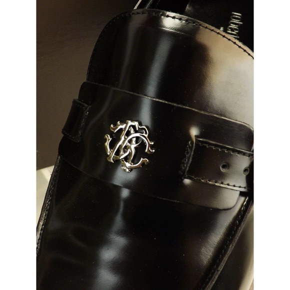 NIB ROBERTO CAVALLI BLACK LEATHER BELTED BUCKLE LOGO LOAFERS 